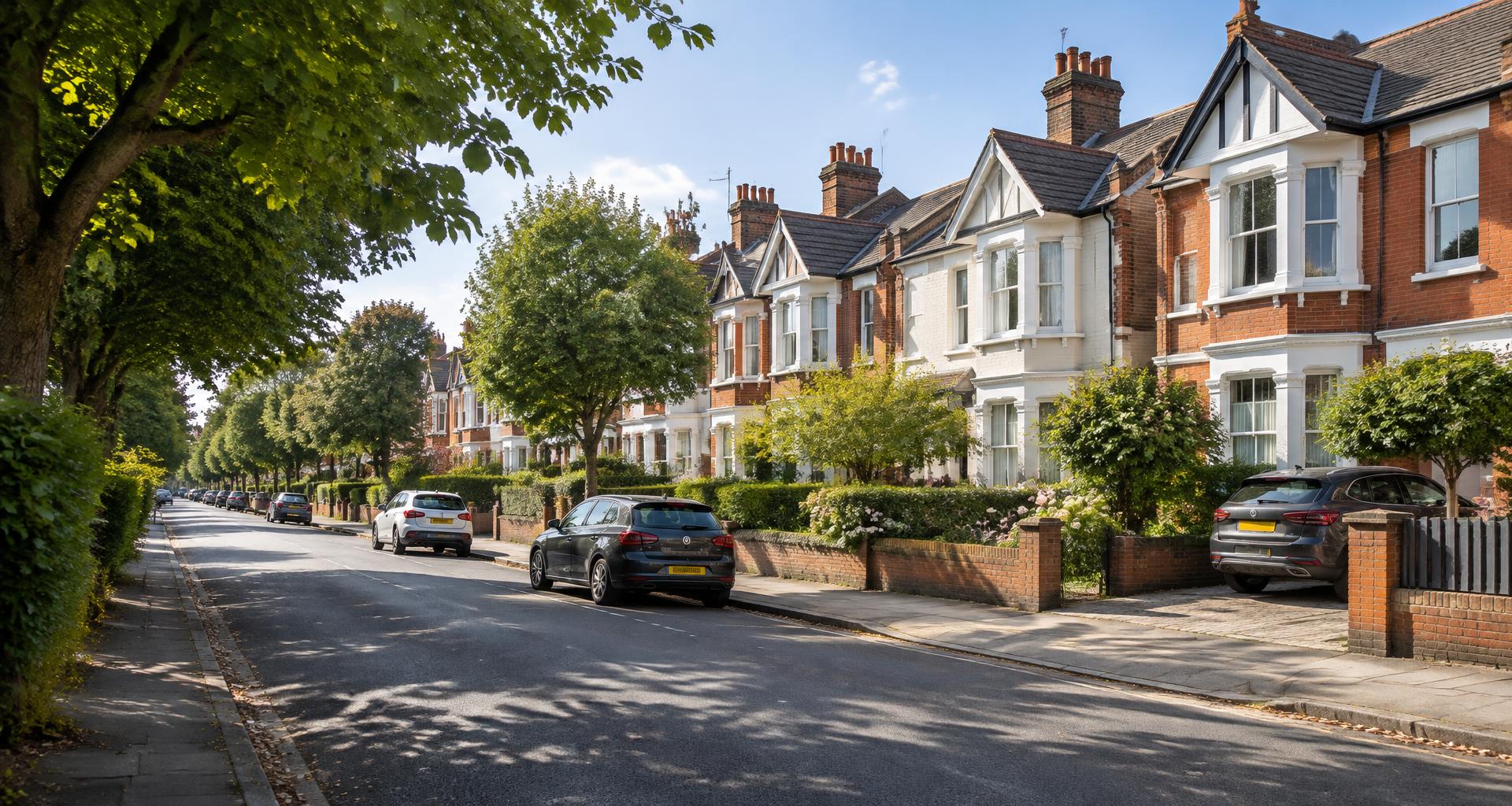 A leafy British residential street with parked cars and private driveways